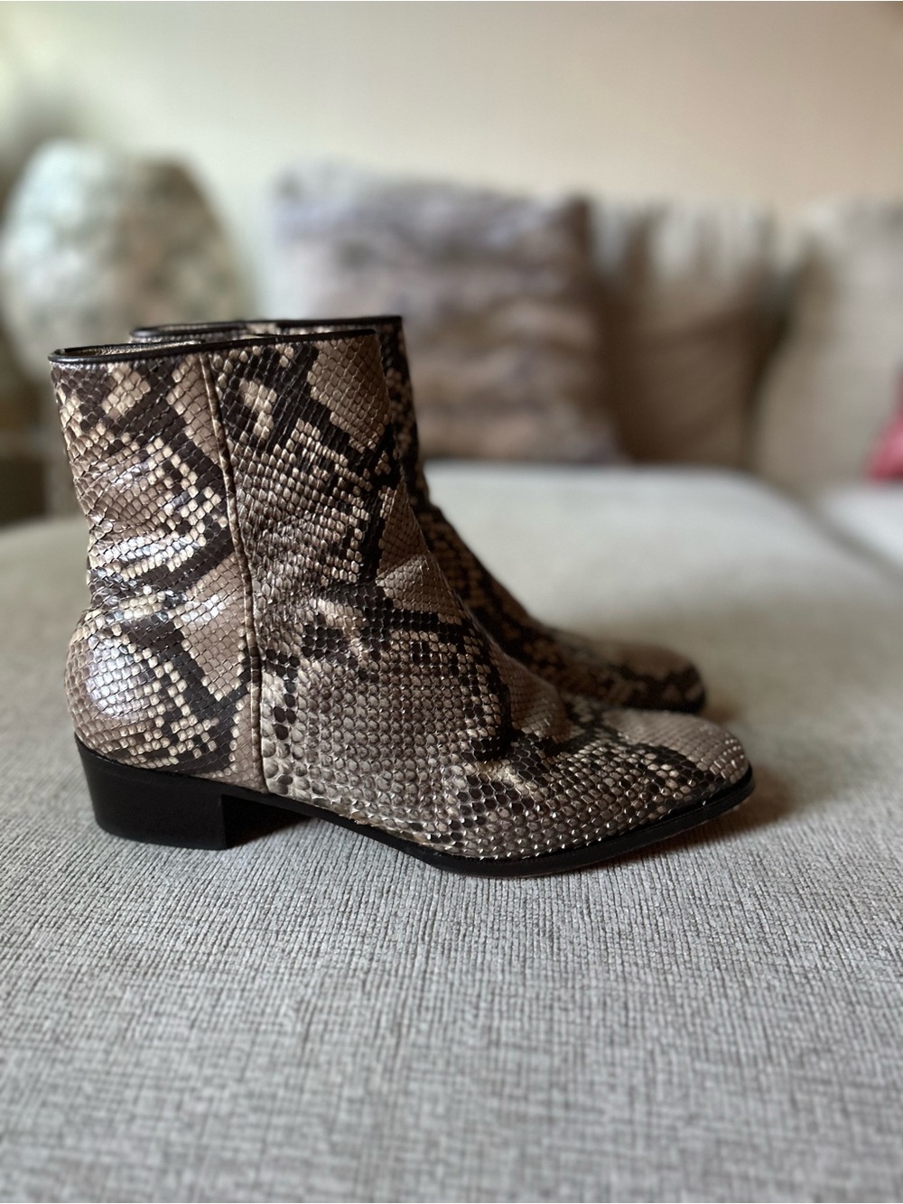Snake-Print Ankle Boots - Beige/Black